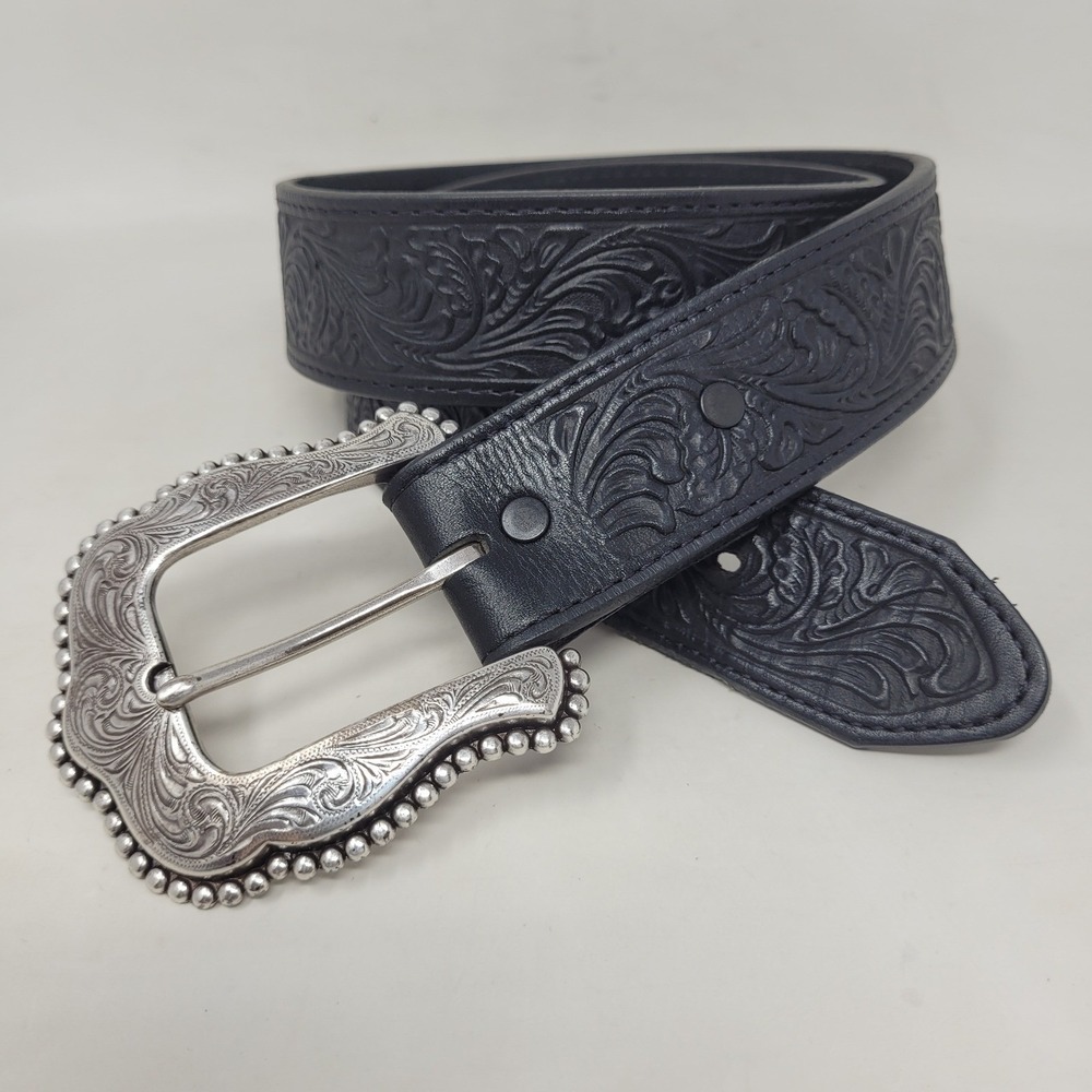 Tony Lama Belt 32 Black Leather Layla Floral Tooled Western Cowgirl Rodeo C50733